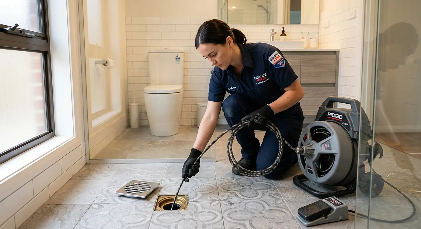 Technician clearing a bathroom floor drain for Clogged Drain Repair in Clarkston Heights-Vineland